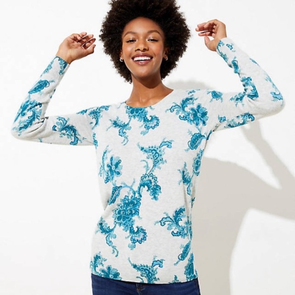 LOFT Wool Blend Soft Knit Floral Sweater NEW Gray Blue Women’s Size XS